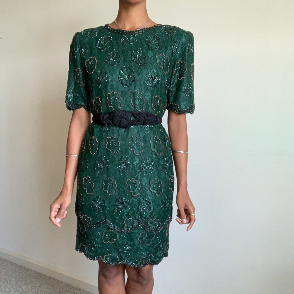 Green lace beaded vintage dress